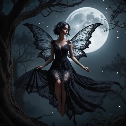 Prompt: Gothic fae female, silhouetted against a full moon, perched atop an ancient, twisted tree, wings delicate and gossamer, enveloped in a flowing dress of dark, intricate lace, midnight hues blending with the forest's shadowy embrace, eyes glowing with an ethereal light, surrounded by faint glimmers of otherworldly fireflies, chiaroscuro, digital painting, ultra fine details, moody atmospheric lighting, dramatic contrast.