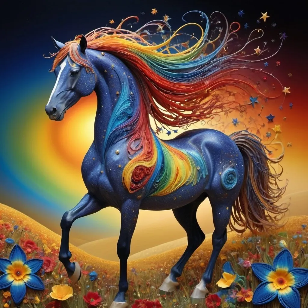 Prompt: The most beautiful horse in the world made of stars and other heavenly bodies is central to the image; full body, incredibly long and luxurious fractal mane sweeps out behind it; cantering across surreal fields of fractal rainbow colours; clear fractal details and 3D texture brushlines; very very soft quilling; in the style of Hieronymus Bosch, Mandy Disher; idyllic background with a spectacular sunset backlighting; bold colours of royal blue red yellow and complementary colours and colours should pop; high contrast; Klimt; Bess Hamiti; multi-layered style; whimsical nature; ink painting; surreal style;