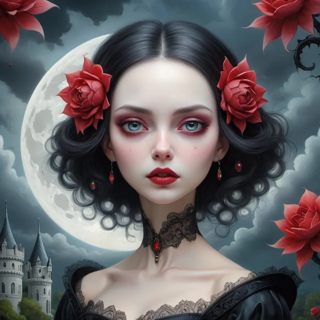 Prompt: gothic, surrealism, poster close-up, abstraction, detailed oil painting by mark todd, nicoletta ceccoli, ray caesar, vampire lady close-up on canvas, big moon, swirling red flowers, sparks, detailed sky with clouds, dramatic makeup, celestial lighting, shining aura, castle, forest, river, detailed sky, mystical, highly detailed, intricate pose, oil painting, thick brushstrokes, complex background, bright colors, masterpiece, high quality, clarity, anime style , ultra hd, realistic, vivid colors, highly detailed, UHD drawing, pen and ink, perfect composition, beautiful detailed intricate insanely detailed octane render trending on artstation, 8k artistic photography, photorealistic concept art, soft natural volumetric cinematic perfect light