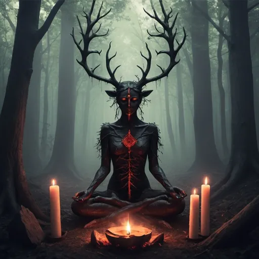 Prompt: crea una imagen para mi canción que se titula el Ritual, es de amor y quiero que se ambiente en medio del bosque, algo amoroso pero sombrio
