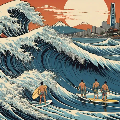 Prompt: Iconic Japanese woodblock print style, modern surfers conquering a colossal wave infused with traditional aesthetics, city skyline etched into the background merging the antiquity of Japan with modern urbanity, surfboards reflecting the latest designs, intricate kimono patterns on surf attire, wave crest resembling Mount Fuji’s silhouette, harmonious blend of old and new, digital painting, ultra fine, 8k, volumetric.