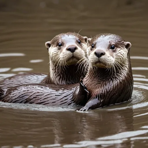 Prompt: otters swimming through rivers, sliding down muddy banks