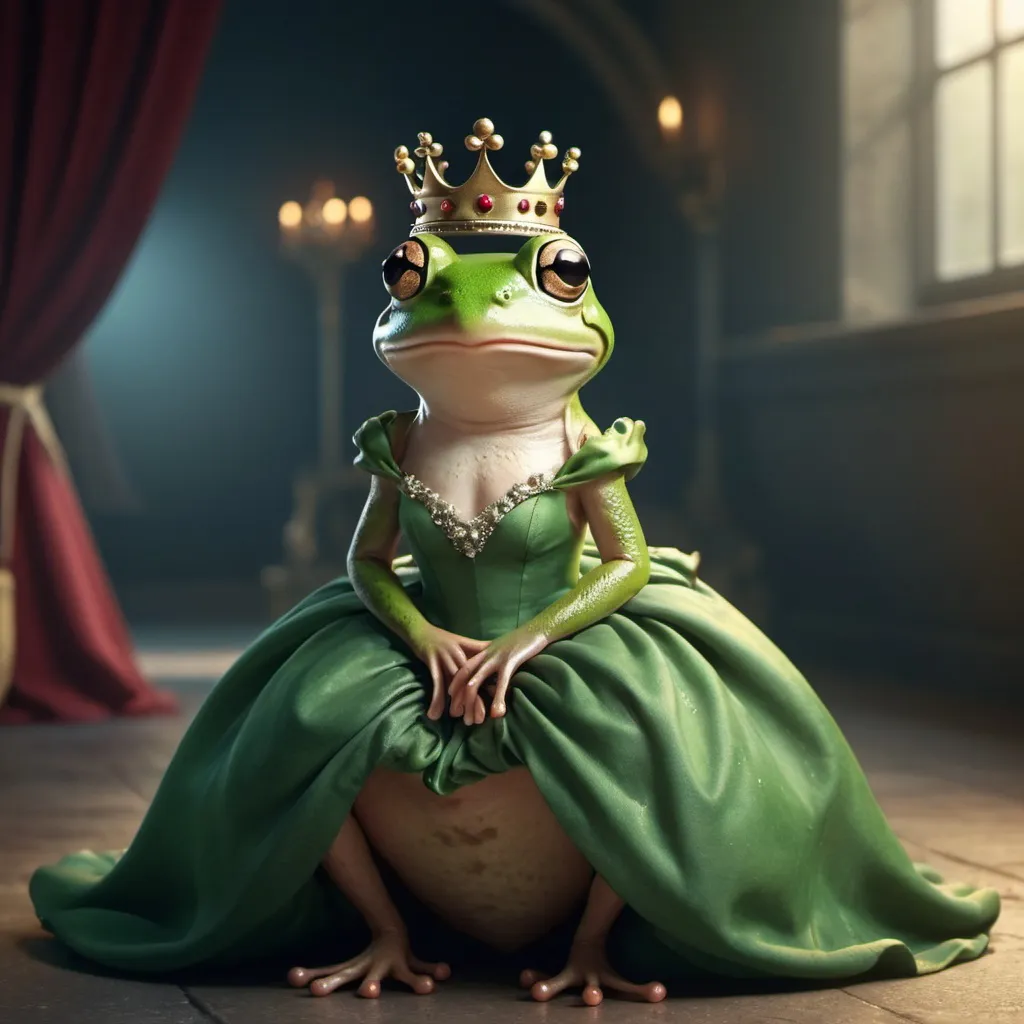 Prompt: Cute lady frog in dress and crown dressed in gown in cinematic environment