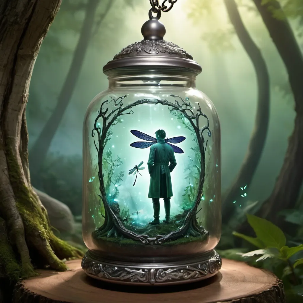 Prompt: ome man inside a jar, large fantasy-themed alchemical curved apothecary jar, hanging on a chain on a tree,  man inside a jar, platinum parts, whimsical shapes, luminous liquid, glowing runes, exquisite detailing, elaborate stoppers, ornamental engravings, dazzling gemstone accents, enchanted forest backdrop, sunlight filtering through leaves, mysterious mist, floating fireflies, ethereal dragonflies