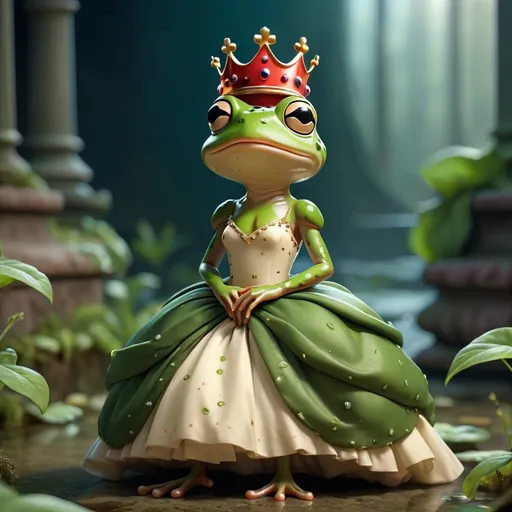 Prompt: Cute lady frog in dress and crown dressed in gown in cinematic environment