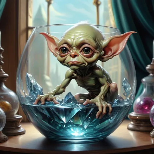 Prompt: Hyperrealistic Incredible details A masterpiece <lora:Trio:1.0> little cute goblin in a big crystal glass  detailed matte painting dynamic lighting hyperdetailed cool colors deep color detailed painting hyperrealism maximalism photorealism digital art digital illustration oil on canvas photoillustration sharp focus beautiful detailed fantastical magnificent fantasycore fantasy Kelly Freas