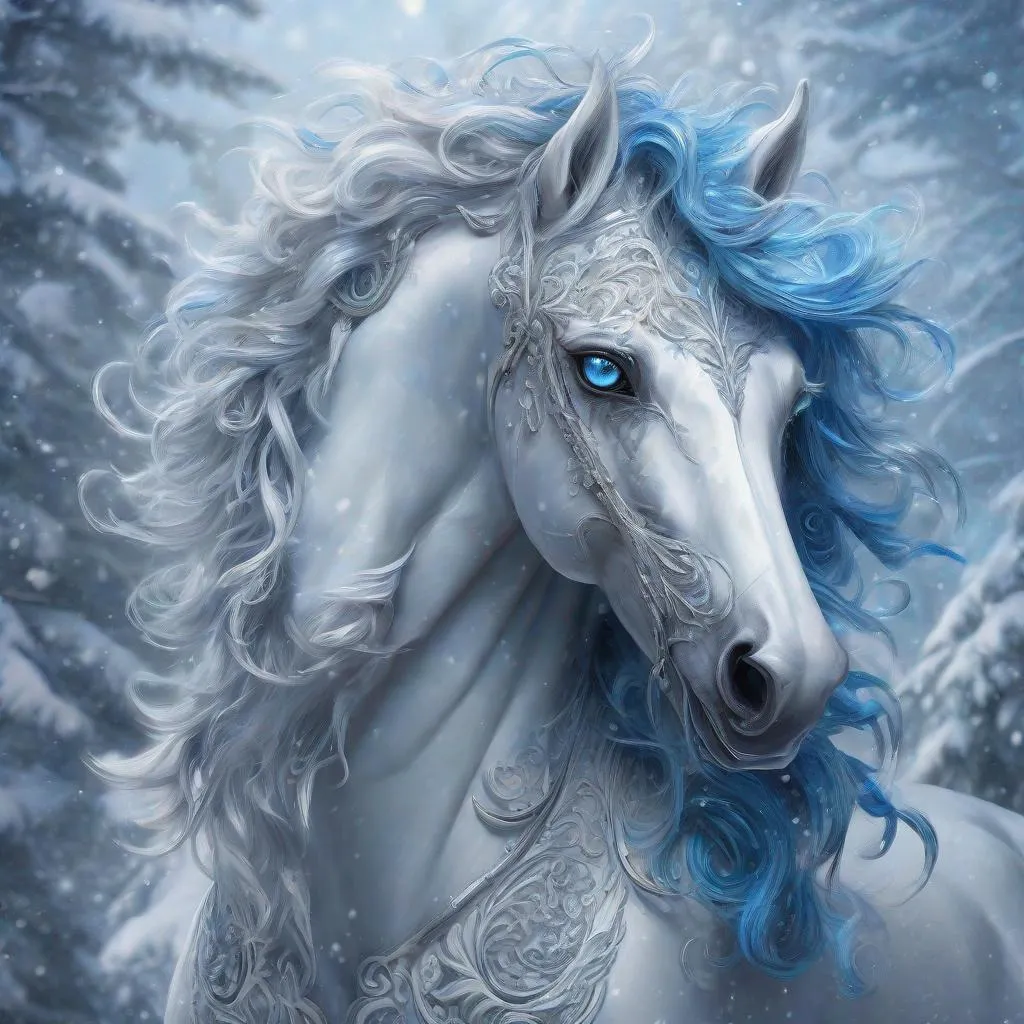 Prompt: art by  Phil Koch,Meghan Howland

"painting of a fantasy fairy horse in a snowstorm, ornate ears, piercing blue eyes, swirling grey and blue fur, beautiful wavy mane, ornate patterns, intricate details, front view head and shoulders portrait, 4k, white background, Unreal Engine, Artstation"



luminism, ultra  highly detailed, 32 k, 
Fantastic Realism complex background, dynamic lighting, lights, digital painting, intricated pose, highly detailed intricated,