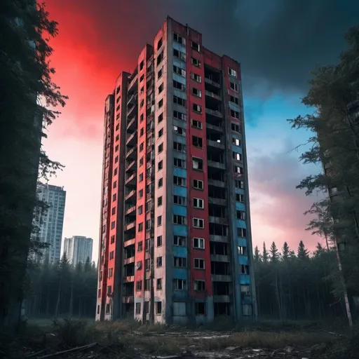 Prompt: dystopian apocalyptic, abandoned tall building with a dirty look in the middle of a forest, red and blue sky, grey building facade, one red light inside a room, 20 floor building, angular design