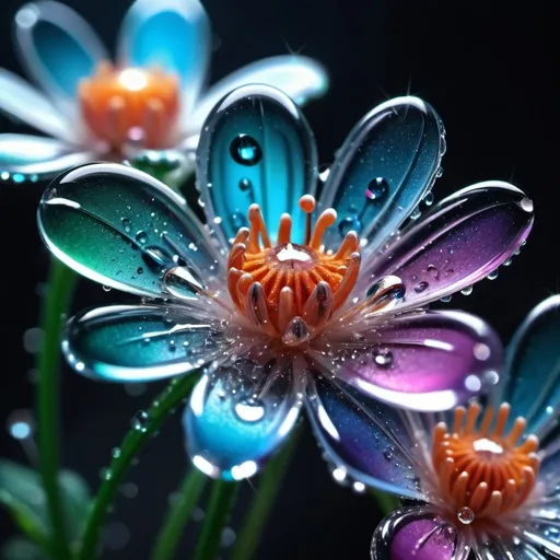 Prompt: macro photo, sparkling magical fantasy glass flowers dewdrop, very detailed, amazing quality, intricate, cinematic light, highly detail, beautiful, surreal, dramatic, galaxy fantasy colors,  