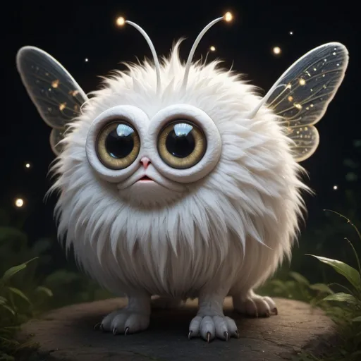 Prompt: White round furry ball creature, with huge round eyes, triangular ears, a puffy tail, with huge wings, with fireflies all around, in hyper realistic sharp photographic quality, trending on artstation, sharp focus, studio photo, intricate details, highly detailed, by greg rutkowski