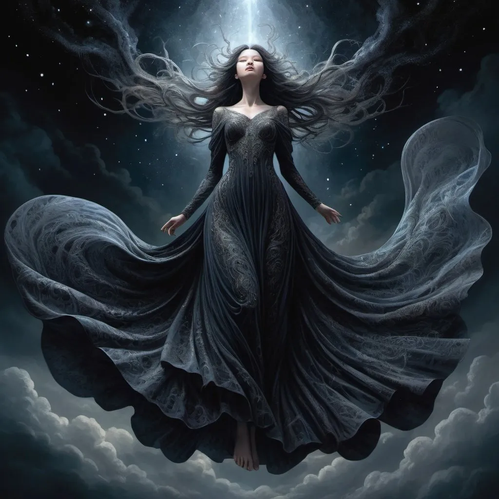 Prompt: painting of a spirit of darkness, descending from the sky, intricate long flowing gown, hyperdetailed by yoshitaka amano and Ekaterina Savic, fantasy art, celestial, ethereal, digital illustration, volumetric lighting