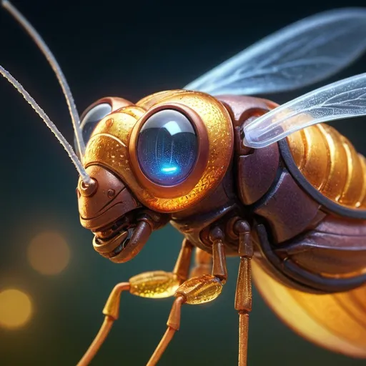 Prompt: Design a wise and gentle firefly character named Glimmer with warm, friendly features. Give Glimmer a soft, radiant glow to highlight its wisdom., Miki Asai Macro photography, close-up, hyper detailed, trending on artstation, sharp focus, studio photo, intricate details, highly detailed, by greg rutkowski