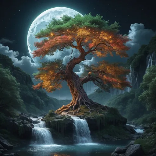 Prompt: tree, in the dark of night, river, waterfall ,clouds, moon, star, colorful, detailed, 4k masterpiece, professional photography, isometric, vibrant, ultra realistic details , Mysterious, Mysterious, ultra hd, realistic, vivid colors, highly detailed, UHD drawing, pen and ink, perfect composition, beautiful detailed intricate insanely detailed octane render trending on artstation, 8k artistic photography, photorealistic concept art, soft natural volumetric cinematic perfect light