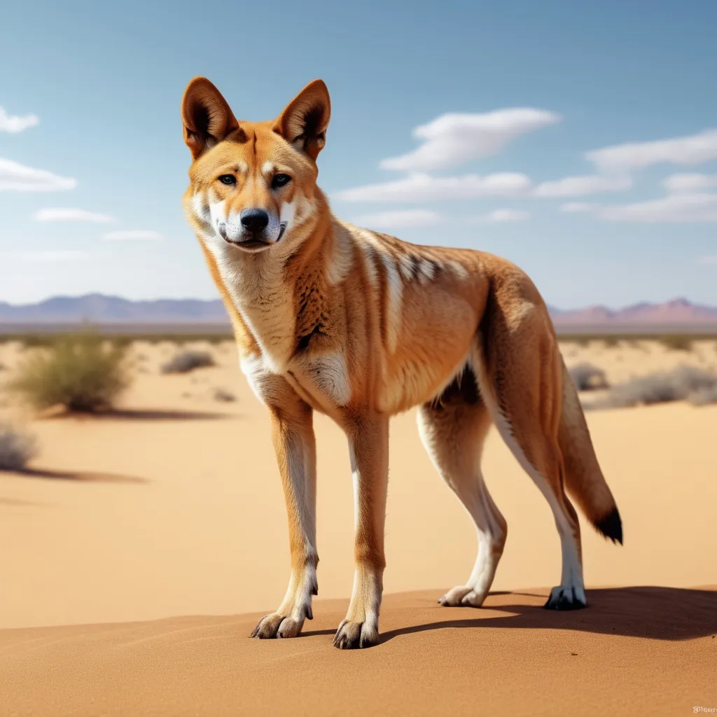 Prompt: A dingo is standing in the desert, ultra hd, realistic, vivid colors, highly detailed, UHD drawing, pen and ink, perfect composition, beautiful detailed intricate insanely detailed octane render trending on artstation, 8k artistic photography, photorealistic concept art, soft natural volumetric cinematic perfect light