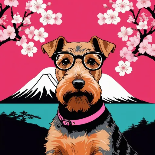 Prompt: ukiyo-e style neon color 
 cherry blossom wave  welsh terrier wearing glasses