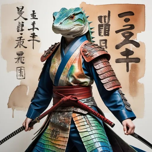 Prompt: Create a stunning fashion portrait: A stylish LIZARD/SAMURAI model in a flowy (random color:0.7)/(random color:1.4), (alligator leather armor),  wielding katana in each hand, adorned with clear printed glyphs emblazoned  hieroglyphs hieroglyphic symbols. Fashion show (BACKGROUND), (ENERGY:1.3),molecular. Watercolor, studio photo, by Greg Rutkowski.