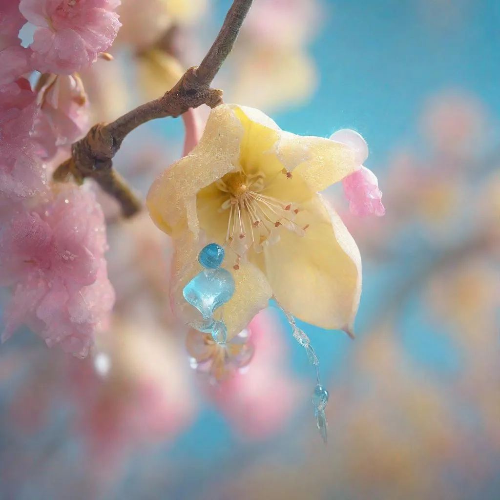 Prompt: Light yellow 💛 light blue, light pink A lighted lamp hanging on a flower tree, Miki Asai Macro photography, close-up, hyper detailed, trending on artstation, sharp focus, studio photo, intricate details, highly detailed, by greg rutkowski