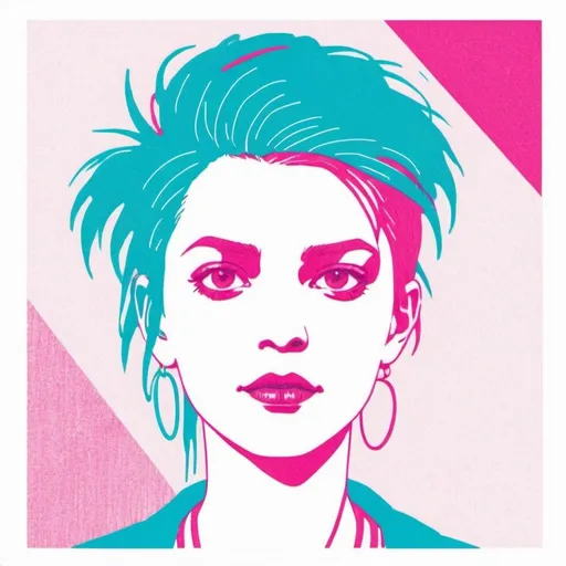 Prompt: Risograph punk-girl in cyan,magenta and white, hand drawn texture, simple,minimalist shapes flat colors.