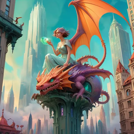 Prompt: A surreal digital painting seamlessly blending elements of different worlds into one fantastical scene. Crystal castles float above a futuristic city where dragons soar between skyscrapers. Imaginative visual storytelling merges themes of magic and technology. Vibrant colors and lighting enhance the mood. Rendered in the fantasy art style of Alphonse Mucha.