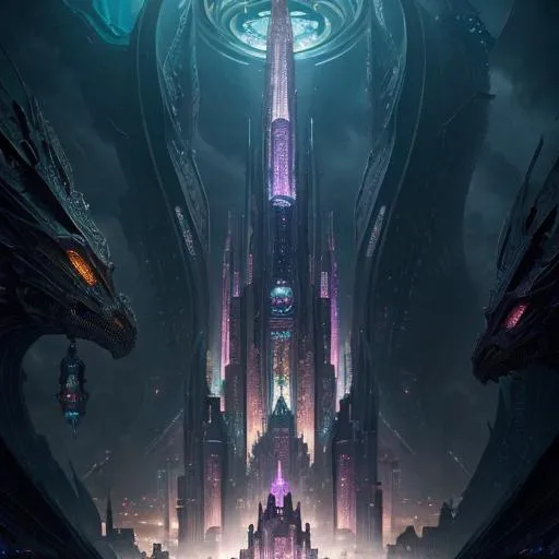Prompt: A surreal digital painting seamlessly blending elements of different worlds into one fantastical scene. Crystal castles float above a futuristic city where dragons soar between skyscrapers. Imaginative visual storytelling merges themes of magic and technology. Vibrant colors and lighting enhance the mood. Rendered in the fantasy art style of Alphonse Mucha.