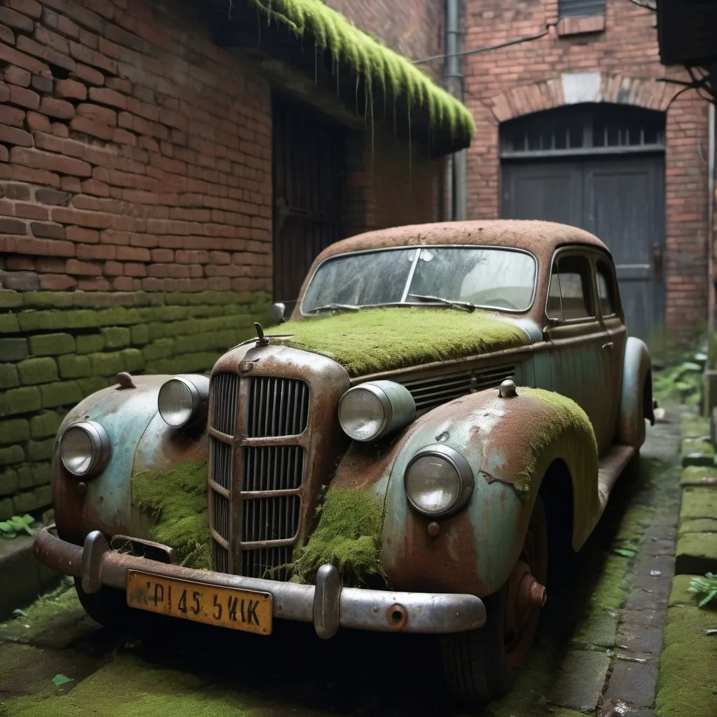 Prompt: Antique car in a deserted alley, intricate, rusted metal body, fading paint, covered in dust and cobweb, cracks on the windshield, backdrop of moss-covered brick wall, balanced composition, gloomy ambience, ultra fine details, dramatic lighting, vintage vibes, 4k resolution