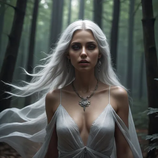 Prompt: Generate an ultra high definition (8k) image of a stunning Ghost Woman walking through a forest, long silver hair blown by the wind, necromancer. The image should be a close-up, capturing her in motion in a low-cut outfit. The woman should be adorned with a large amount of jewelry with occult symbols, showing intricate and hyper-realistic details. The overall aesthetic of the image should be a mix of neo-futuristic glamor and dark, mystical elements. To emphasize the beauty and mystique of the woman, use edge lighting, moonlight, global neon lighting and other dark neon lighting techniques. Attention to symmetry is crucial to achieving a masterpiece, and the image must pay close attention to small details, macro details and ultra-detailed textures. Additionally, incorporate volumetric lighting for a sense of depth and realism. Realistic reflections on surfaces will improve the overall image quality. The end result should be incredible, with cinematic effects and an inner glow that adds to the mysterious atmosphere., Mysterious