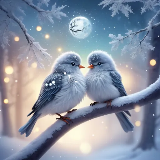 Prompt: fantasy cutiest fluffiest bird couple wearing warm clothes, 
sitting on a snowy tree branch in winter wonderland, 
it is snowing gently in the moonlight reflections in the winter forrest, 
swirls of fantasy snowflakes particles, 
fairy, 
fantasy, 
Mysterious, 
best quality, 
approaching perfection, 
mythical being, 
breathtaking beauty, 
pure perfection, 
divine presence, 
unforgettable, 
masterpiece, 