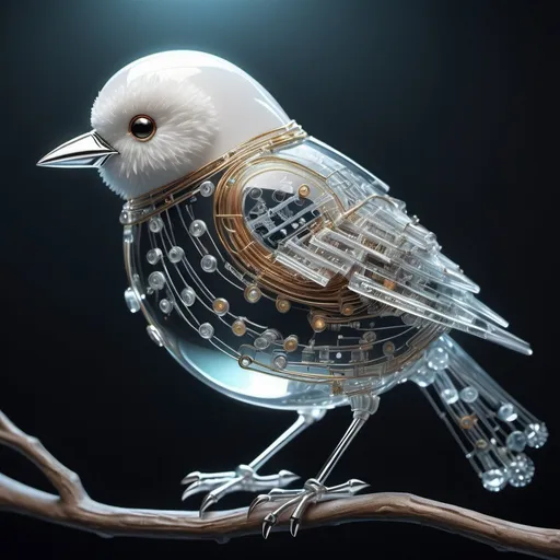 Prompt: Hyper realistic cute adorable fluffy circuit board bird, on a branch, crystal glass-like, surrealist, white glow, glowing wires, concept art, hyperdetailed, beautiful composition, visible details, sharp focus, masterpiece, fine art