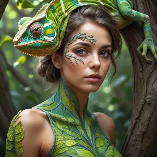 Prompt: stunning beautiful lady who camouflages herself with her skin like a chameleon in a fairy tree intricate details, HDR, beautifully shot, hyperrealistic, sharp focus, 64 megapixels, perfect composition, high contrast, cinematic, atmospheric, moody" Modifiers: highly detailed digital painting artstation concept art sharp focus smooth elegant illustration intricate 8k ray tracing