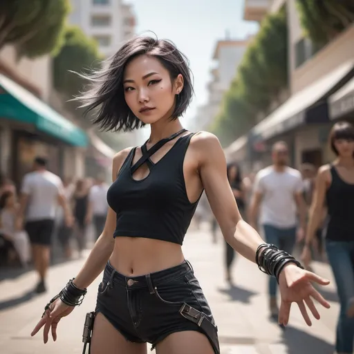 Prompt: Portrait of a cyberpunk street performer dancing with a bustling city as a blurred background, jackie tsai style, trending on artstation, nylon, slender body,  featured on amiami, beautiful, masterful, detailed eyes, garden utopia, marbella, cover story, hands in air