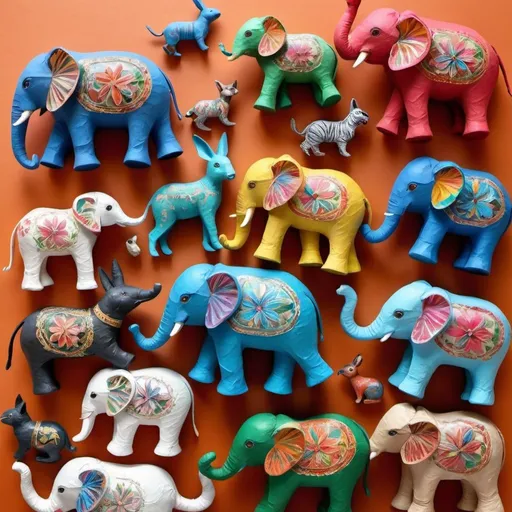 Prompt: Create vibrant images of handcrafted paper mache items including  toys, pen holders, and animals. Focus on intricate details and vibrant colors to highlight craftsmanship. Show diverse angles to capture unique features and textures. Aim for a cohesive style with elements of nature or playfulness

toy must be elephant , rabit or cat
images must look real

keep toys on a matting