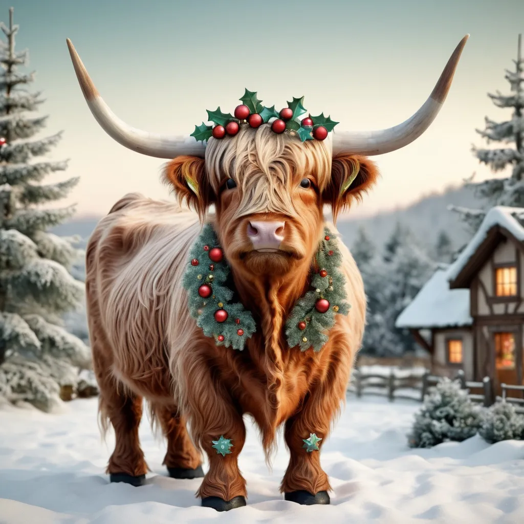 Prompt: whimsical christmas farm and Super detailed very intricate beautiful cute whimsical scottish highland cattle wearing Christmas decorations with Christmas background, muted colors. intricate extremely detailed hyperdetailed Diego Gisbert Llorens fantasy