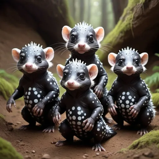 Prompt: A team of creature triplets. It triggers huge earthquakes by burrowing 60 miles underground in skunk polka-dots art style
