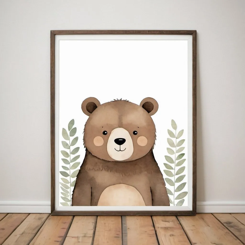 Prompt: bear Animal nursery decor, woodland nursery print, jungle animal, gender neutral nursery, Woodland Nursery