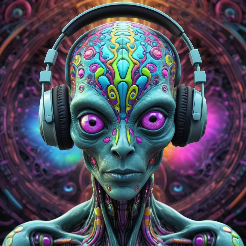 Prompt: Strange but beautiful 3D digital design of a vegan alien cyborg. The alien has colorful abstract trippy fractal eyes. The alien wears headphones. As background a trippy digital design of a colorful psytrance background which is often used in psytrance videos, also in 3d. The overall design is in ultra hd 16K and is highly detailled.