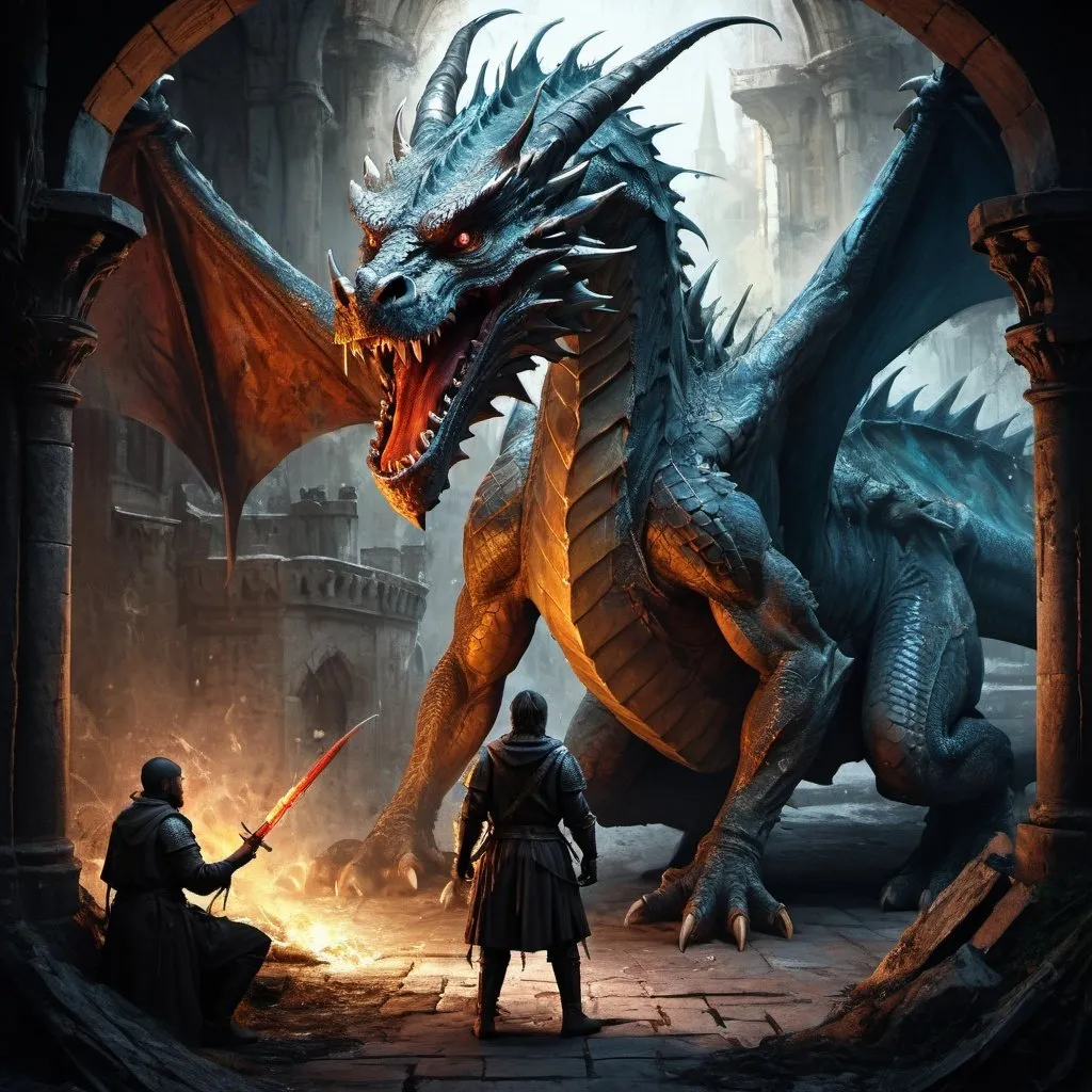 Prompt: movie poster featuring of a medieval dragoner training a majestic dragon,  in the style of mysterious backdrops, chiaroscuro, digital painting, animated expressions, smooth, sharp focus, illustration, art by Carne Griffiths and Wadim Kashin, graffiti airbrushing techniques, high definition, accent lighting, contrasted with bright paint colors, by Squal92i