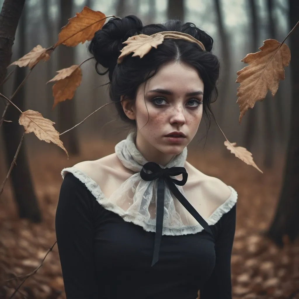 Prompt: Art by natalia drepina, Brooke shaden, Surreal Harmony, Portrait, elegant royal Female Maid, high collar, luminous silk scarf, messy black hair bun, Freckles, weak luminous, very detailed, Long hairy fluffy, knitted hair band and black silk stockings, Wind leaf Vortex, Mute colors, Melancholy, Dark fairytales, extremely dynamic, unusual, ominous, vintage - a lot of levitating luminous leafs, 4k, 8k, HDR