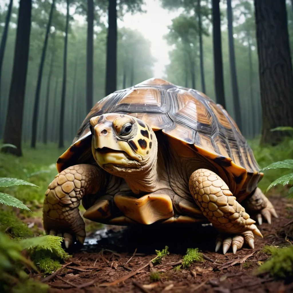 Prompt: A storm is blowing in the forest. Tortoise is walking through the forest wearing a jacket