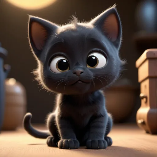 Prompt: Cute Pixar black kitten, character design, 3d, RenderMan style, high quality offical art by Pixar, golden ratio, cinematic lighting, 8K