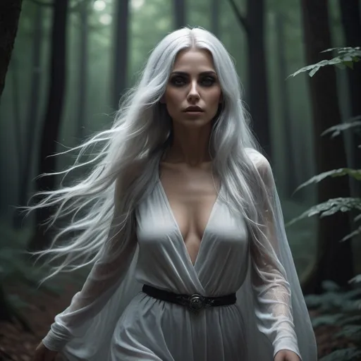 Prompt: Generate an ultra high definition (8k) image of a stunning Ghost Woman walking through a forest, long silver hair blown by the wind, necromancer. The image should be a close-up, capturing her in motion in a low-cut outfit. The woman should be adorned with a large amount of jewelry with occult symbols, showing intricate and hyper-realistic details. The overall aesthetic of the image should be a mix of neo-futuristic glamor and dark, mystical elements. To emphasize the beauty and mystique of the woman, use edge lighting, moonlight, global neon lighting and other dark neon lighting techniques. Attention to symmetry is crucial to achieving a masterpiece, and the image must pay close attention to small details, macro details and ultra-detailed textures. Additionally, incorporate volumetric lighting for a sense of depth and realism. Realistic reflections on surfaces will improve the overall image quality. The end result should be incredible, with cinematic effects and an inner glow that adds to the mysterious atmosphere., Mysterious