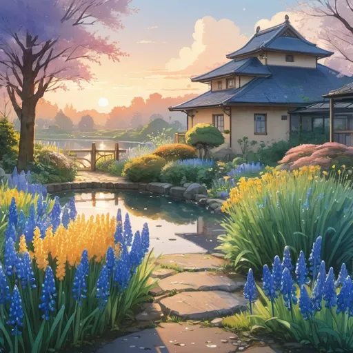 Prompt: watercolour, beautifully depicted spring garden, vibrant composition, Muscari Grape hyacinth, insanely detailed, hyper detailed, back of garden border., pond, distant view, evening golden hour, sunset. water drops, dynamic lighting, octain render, nadir kirca, 4k resolution., golden ratio, fake detail, trending pixiv fanbox, acrylic palette knife, style of makoto shinkai studio ghibli genshin impact james gilleard greg rutkowski chiho aoshima