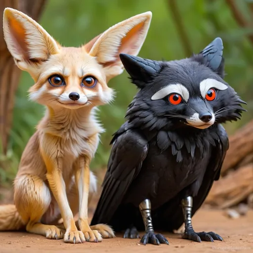 Prompt: fennec fox, raccoon and crow all sat together 