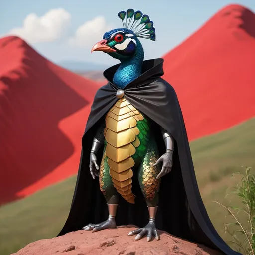 Prompt: anthropomorphic peacock bass humanoid 
wearing a black cape on a hill with a red background

