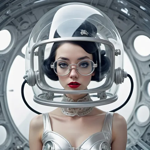 Prompt: Photography in a vintage Sci Fi transparent space ship, 60'S gorgeous astronaut woman in a silver satin astronaut space laces dress, wearing a large transparent plexiglass mickey mouse helmet glasses, 80 degree view, art by Sergio Lopez , Natalie Shau, james jean and salvador dali
