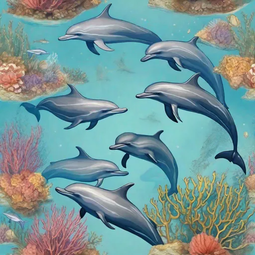 Prompt: A bunch of dolphins with sparkling water and coral reefs