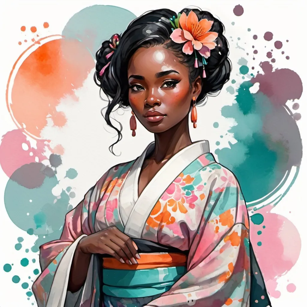 Prompt: A gorgeous, stunning body, woman wearing an intricate kimono, digital watercolor painting,  paint splatter, bold brush strokes, dark skin, bright colors on white background, teal orange pink black white color pallette, symmetrical, adorable, cute, Pixar style painting, art nouveau