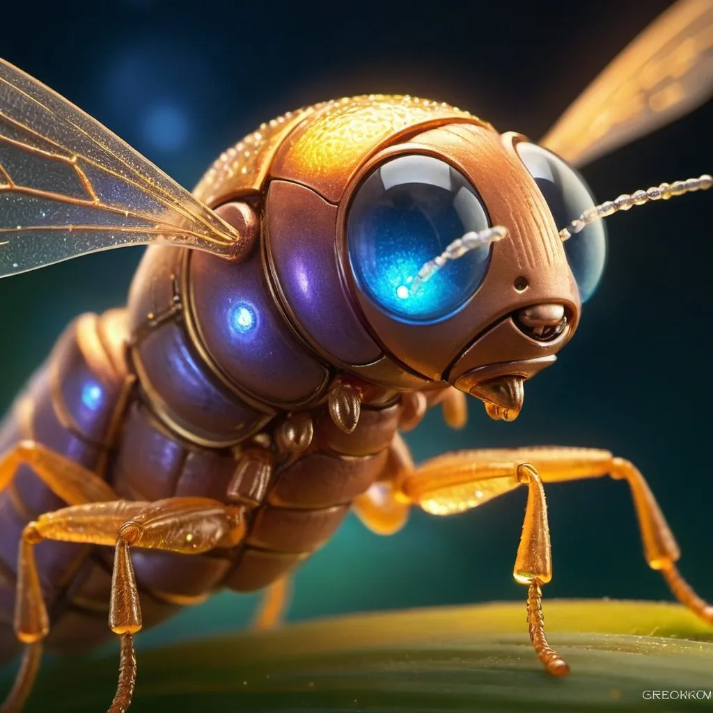 Prompt: Design a wise and gentle firefly character named Glimmer with warm, friendly features. Give Glimmer a soft, radiant glow to highlight its wisdom., Miki Asai Macro photography, close-up, hyper detailed, trending on artstation, sharp focus, studio photo, intricate details, highly detailed, by greg rutkowski