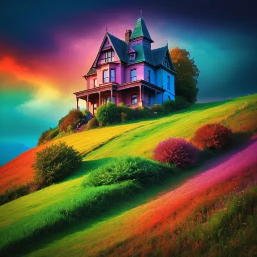 Prompt: The house on the hill, colourful image of the perfect home sat amongst others just as striking., Mysterious, Mysterious, Mysterious