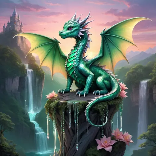 Prompt: Baby dragon princess perched atop a glistening crystal tower, astounding emerald scales shimmering under the dwindling twilight, gasp-inducing exquisiteness of her delicate, fiery wings curling protectively around her, her regal crown, glistening silver beads of her necklace catching the fading sunset light, landscape backdrop a blend of majestic waterfalls and blooming, lush forest, illustration,