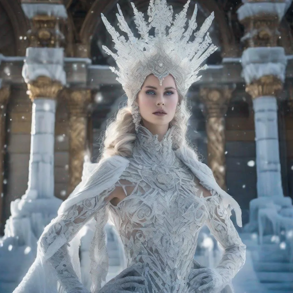 Prompt: stunning queen who looks like she's been carved out of ice and snow. Her clothing is made of intricately crafted ice and snowflakes, each one glistening in the sunlight. Her beauty is breathtaking, as she stands tall and proud in front of a palace made entirely of ice. The palace is a work of art, with every detail carefully crafted to create a stunning and awe-inspiring structure. The queen commands attention with her regal demeanor and icy beauty, her presence exuding a sense of power and elegance. This scene is inspired by Genshin Impact, an anime with a fantastical world full of magic and wonder. --ar 9:16 --q 2 --upbeta --v 5